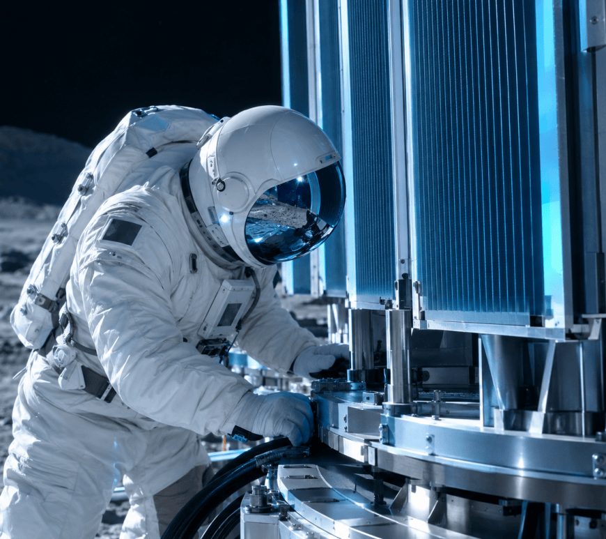 An astronaut in a white pressure suit and sealed helmet inspects the base of a lunar reactor's radiator sail array, lit by cool blue light.