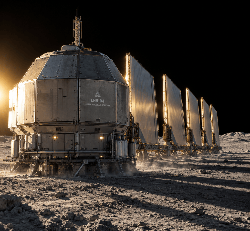 A lunar nuclear reactor complex with rows of finlike radiator sails, lit by low golden sunlight on the moon's gray regolith.