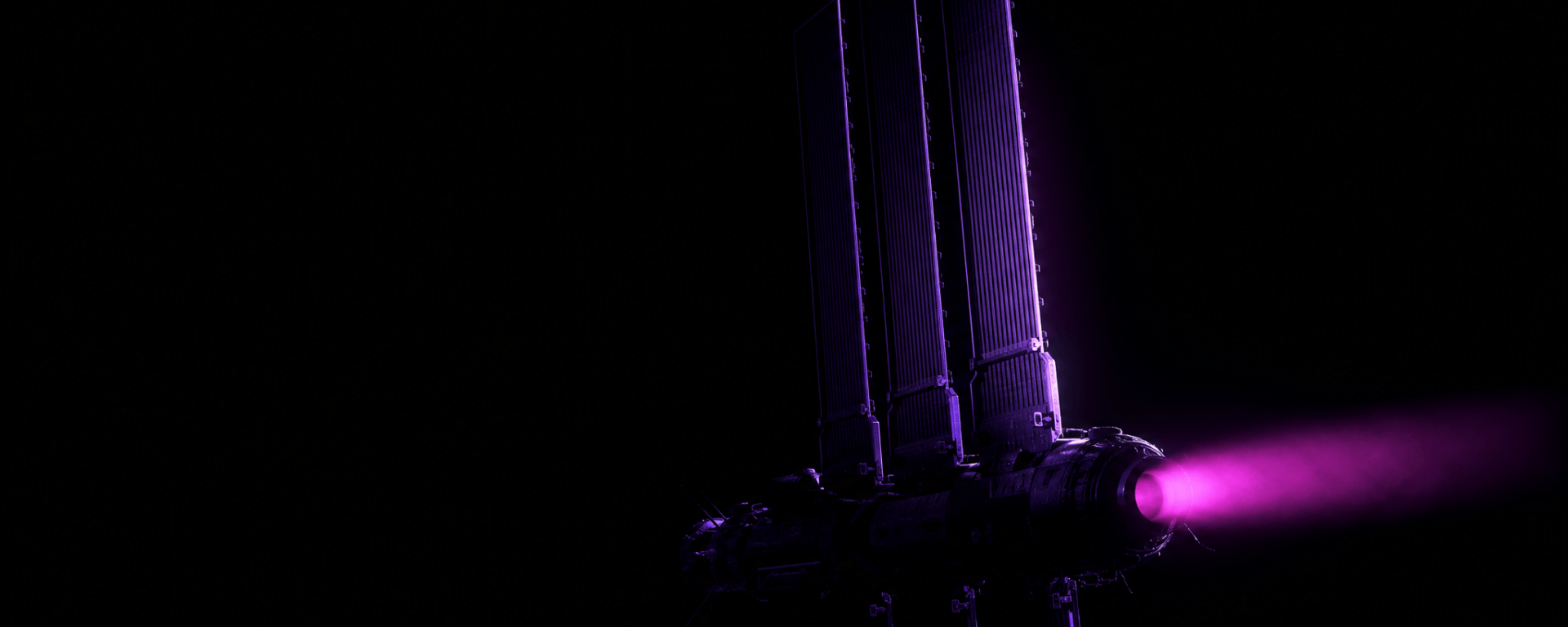 A nuclear-electric spacecraft in darkness, its radiator fins edge-lit violet and its ion engine trailing a magenta plume.