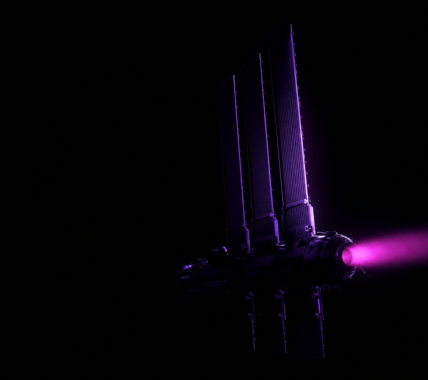 A nuclear-electric spacecraft in darkness, its radiator fins edge-lit violet and its ion engine trailing a magenta plume.