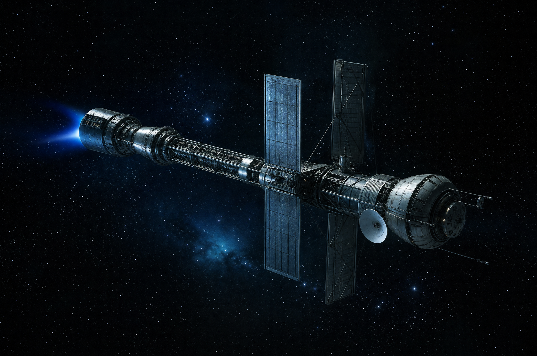 A nuclear-electric spacecraft coasting through deep space, its long truss and radiator panels lit by a cold blue sheen with a faint ion-engine glow.