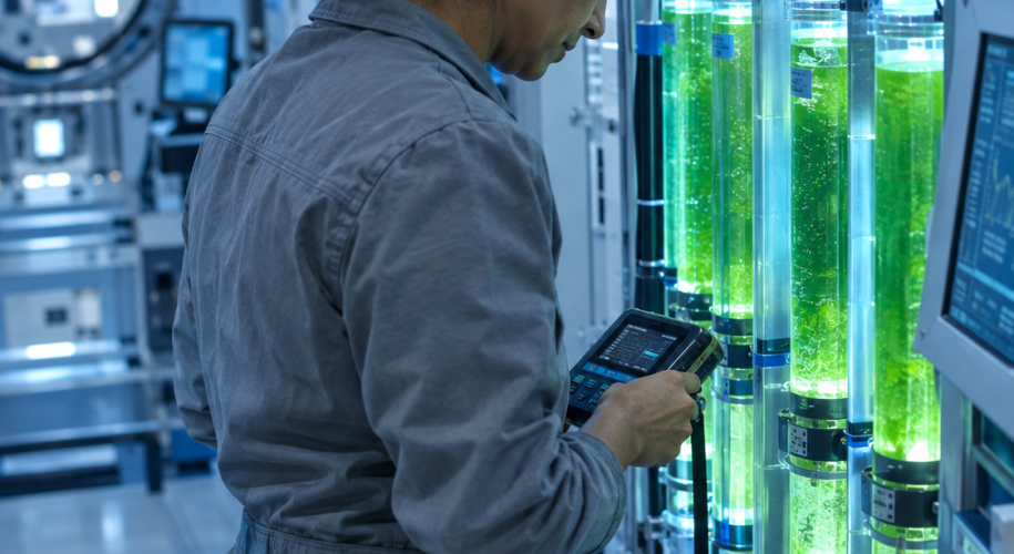 A researcher inspects glowing green photobioreactor tubes aboard a space station life-support module, lit in cool blue tones.
