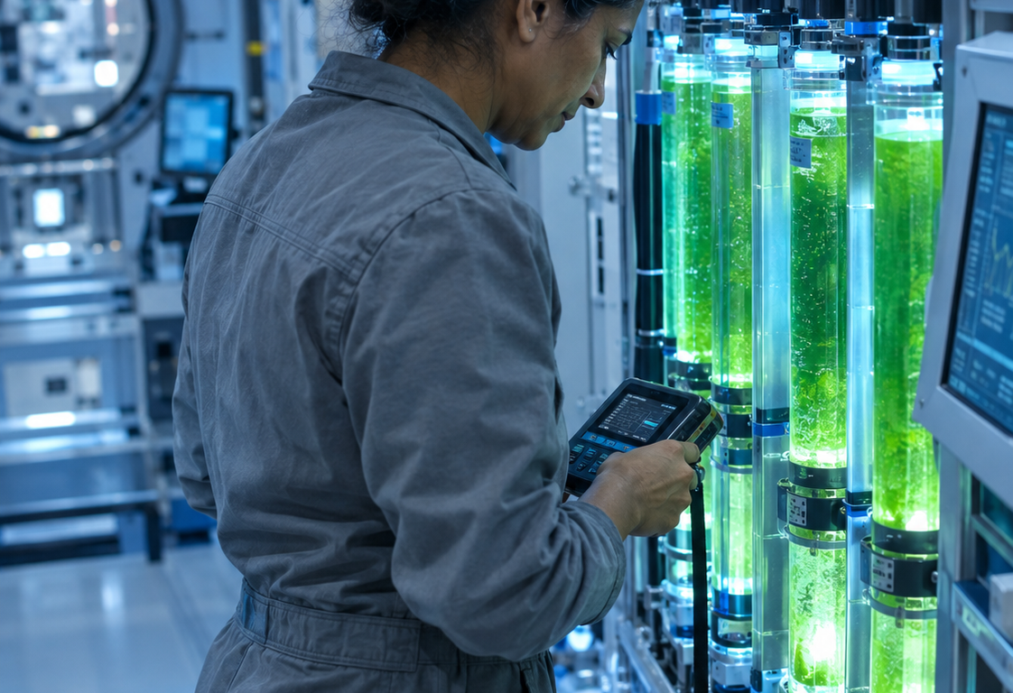A researcher inspects glowing green photobioreactor tubes aboard a space station life-support module, lit in cool blue tones.