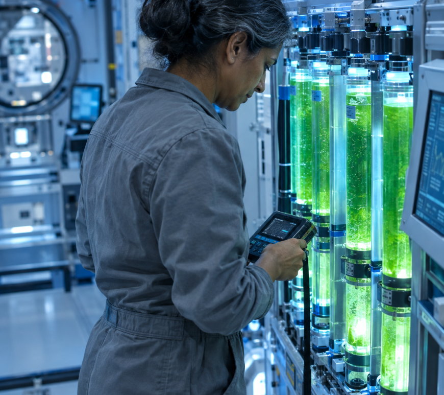 A researcher inspects glowing green photobioreactor tubes aboard a space station life-support module, lit in cool blue tones.