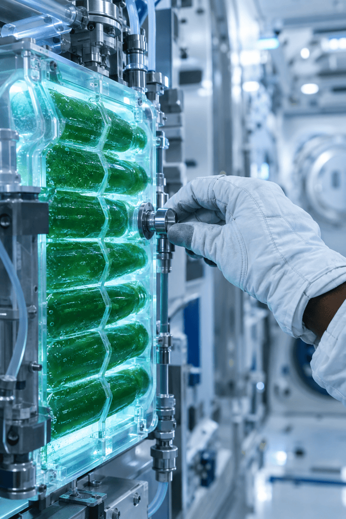 Close-up of a gloved hand adjusting a valve on an ISS photobioreactor filled with teal-green spirulina culture.