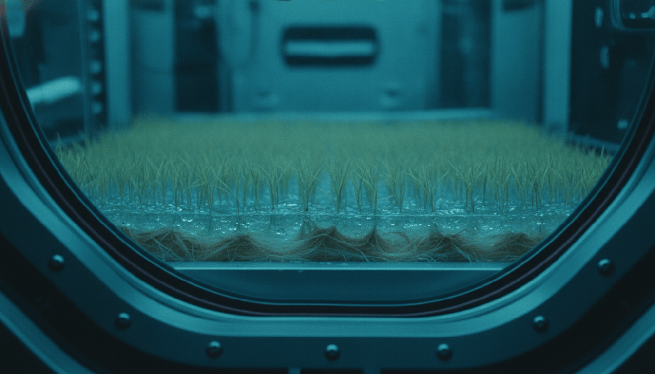 Young rice seedlings growing in a shallow water tray, seen through the porthole of a space station module bathed in cyan light.