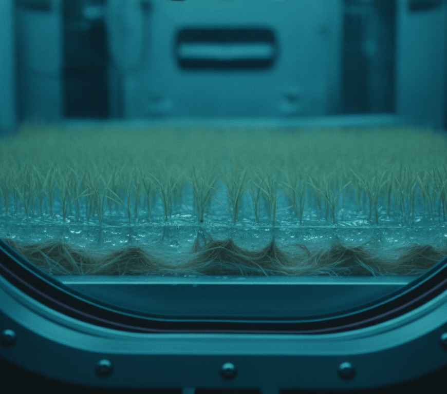 Young rice seedlings growing in a shallow water tray, seen through the porthole of a space station module bathed in cyan light.