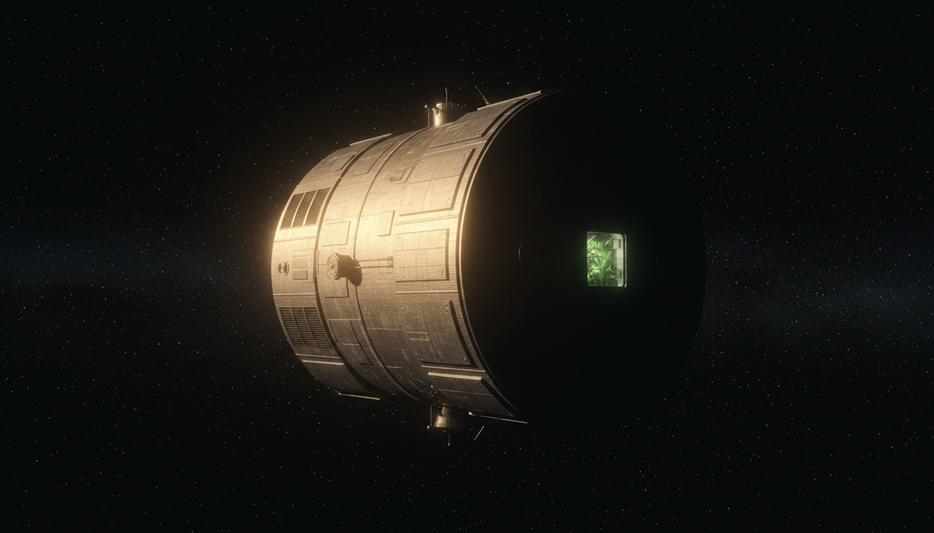 A cylindrical spacecraft module lit gold on one side against black space, a small window glowing green with plants growing inside.