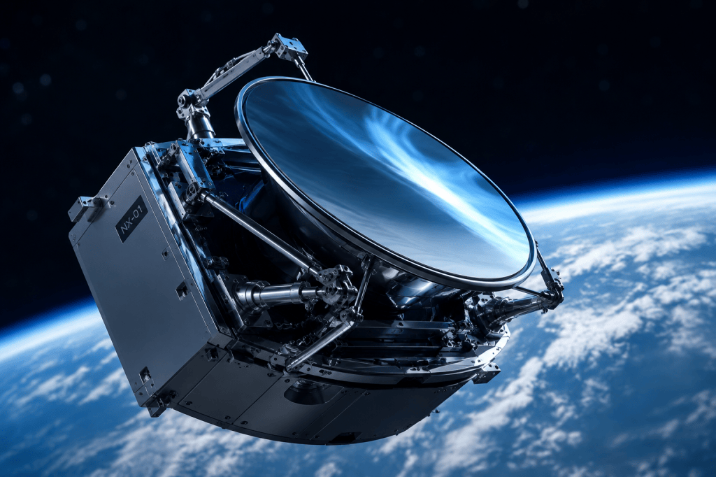 A steerable mirror satellite in orbit, its polished reflective panel angled toward the blue curve of Earth below.