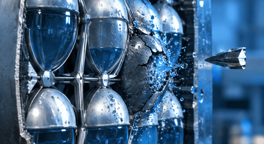 Cutaway view of a lattice of egg-shaped aluminum shields filled with water, one shell cracked open by an impacting metal fragment in a blue-lit laboratory test.
