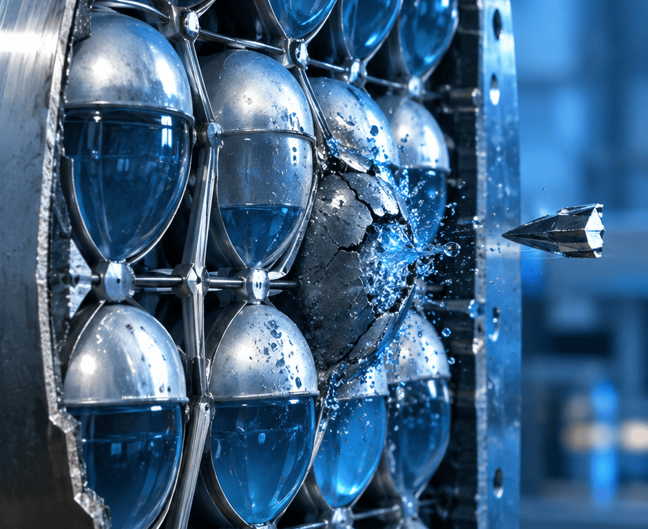 Cutaway view of a lattice of egg-shaped aluminum shields filled with water, one shell cracked open by an impacting metal fragment in a blue-lit laboratory test.