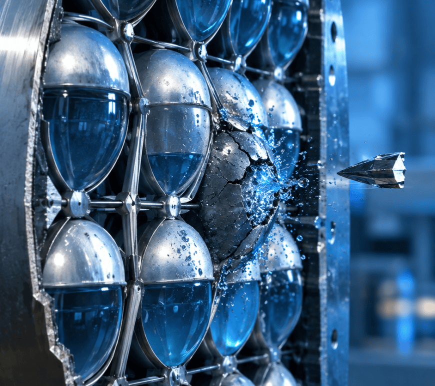 Cutaway view of a lattice of egg-shaped aluminum shields filled with water, one shell cracked open by an impacting metal fragment in a blue-lit laboratory test.