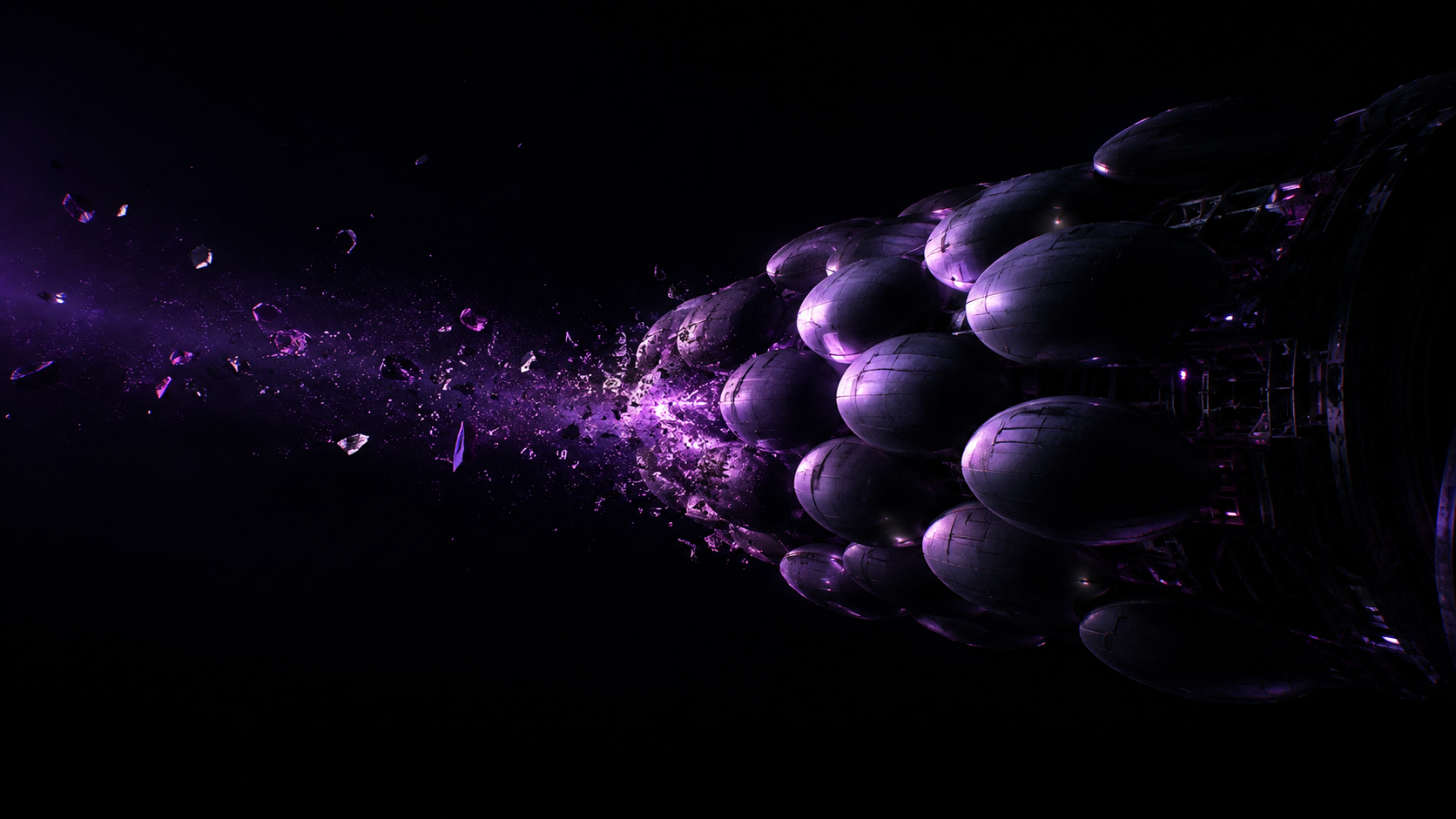 Spacecraft hull shielded by egg-shaped metallic shells, struck by a stream of debris fragments glowing violet against the darkness of orbit.