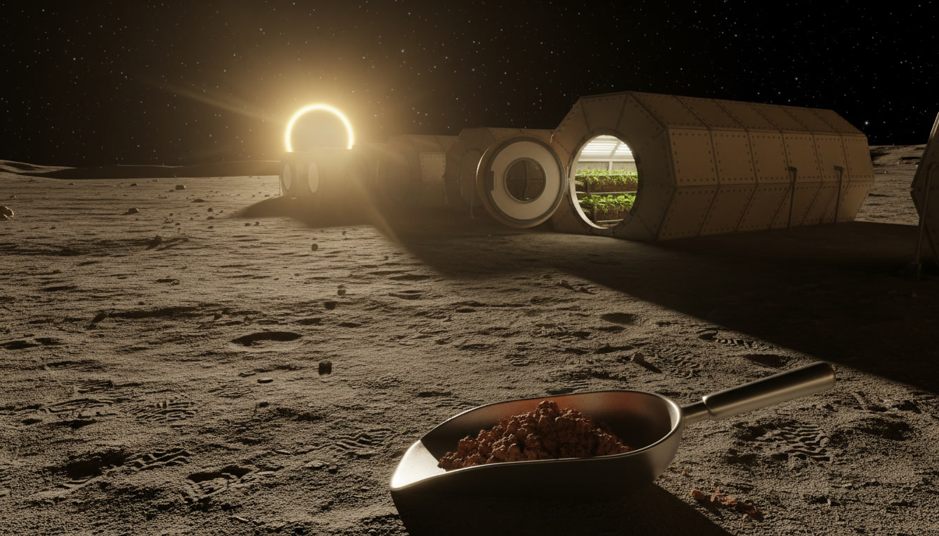 Greenhouse modules made of riveted beige hexagonal panels stand on gray lunar regolith at low golden sun, with a metal scoop of soil in the foreground and green seedlings visible through an open hatch.