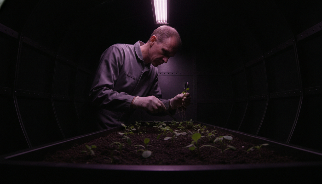 A technician in a gray coverall inspects the roots of a seedling with a hand lens above a tray of young plants in a dark greenhouse module lit by a single purple grow light.