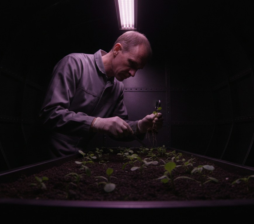 A technician in a gray coverall inspects the roots of a seedling with a hand lens above a tray of young plants in a dark greenhouse module lit by a single purple grow light.