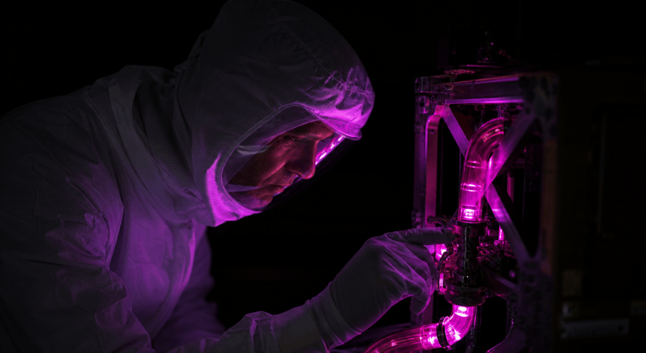 A technician in a cleanroom suit leans over a small satellite frame, a hand on a transparent fuel line glowing pink-violet in the dark.