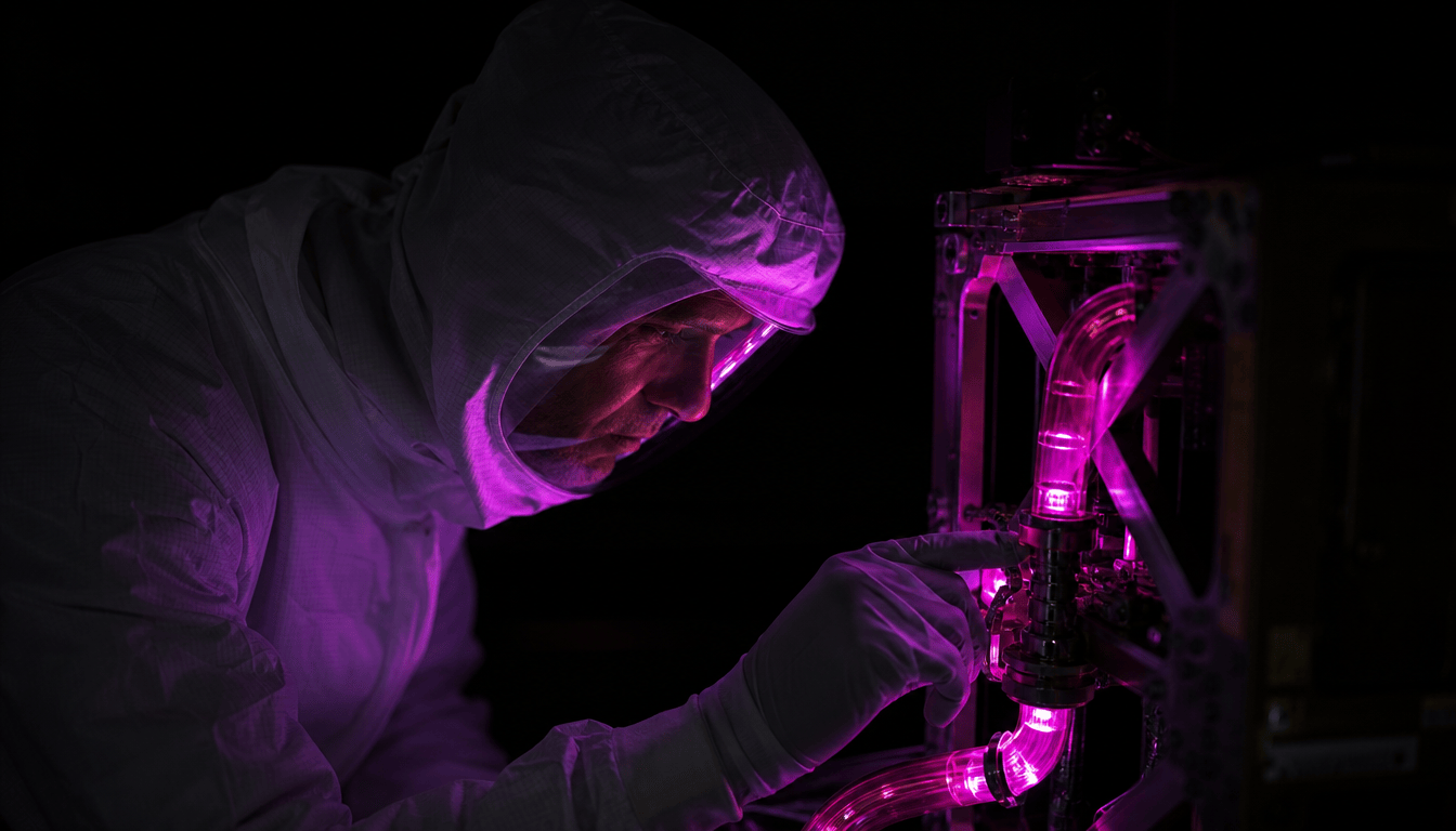 A technician in a cleanroom suit leans over a small satellite frame, a hand on a transparent fuel line glowing pink-violet in the dark.