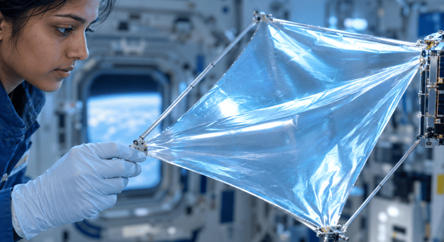 A 1U CubeSat's solar sail fully deployed in low Earth orbit, backlit by an orbital sunrise, its thin reflective membrane mounted on a bronze-toned metal boom.