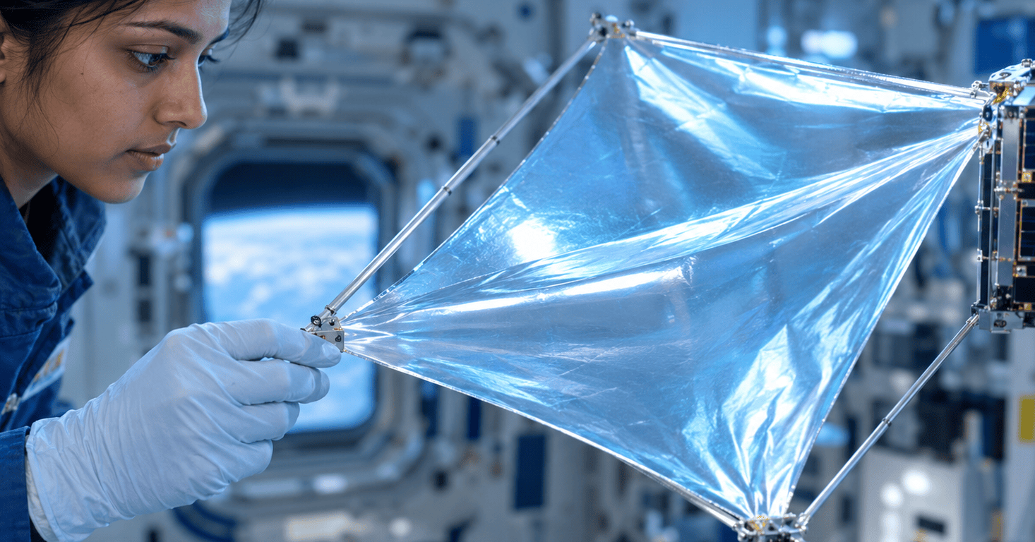 A 1U CubeSat's solar sail fully deployed in low Earth orbit, backlit by an orbital sunrise, its thin reflective membrane mounted on a bronze-toned metal boom.
