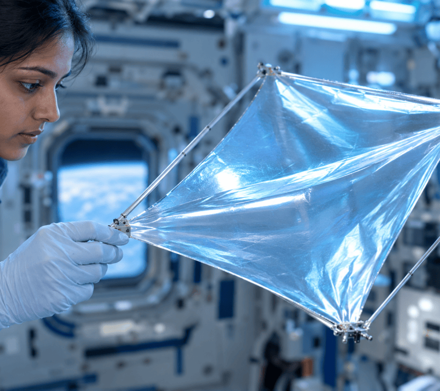 A 1U CubeSat's solar sail fully deployed in low Earth orbit, backlit by an orbital sunrise, its thin reflective membrane mounted on a bronze-toned metal boom.