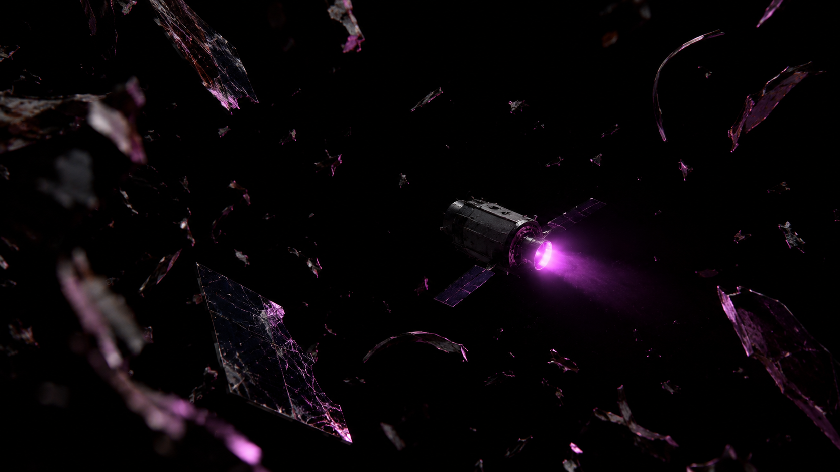 A small satellite firing its thruster, glowing violet-magenta, as it threads a path through tumbling debris fragments in orbit.