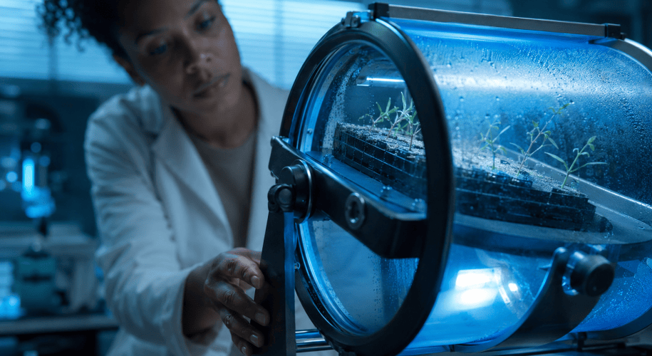 A researcher adjusts a bench-top clinostat tumbling a tray of seedlings inside a glass chamber, simulating microgravity for space agriculture research under cool blue lab light.