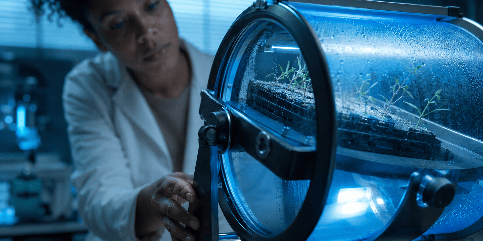 A researcher adjusts a bench-top clinostat tumbling a tray of seedlings inside a glass chamber, simulating microgravity for space agriculture research under cool blue lab light.