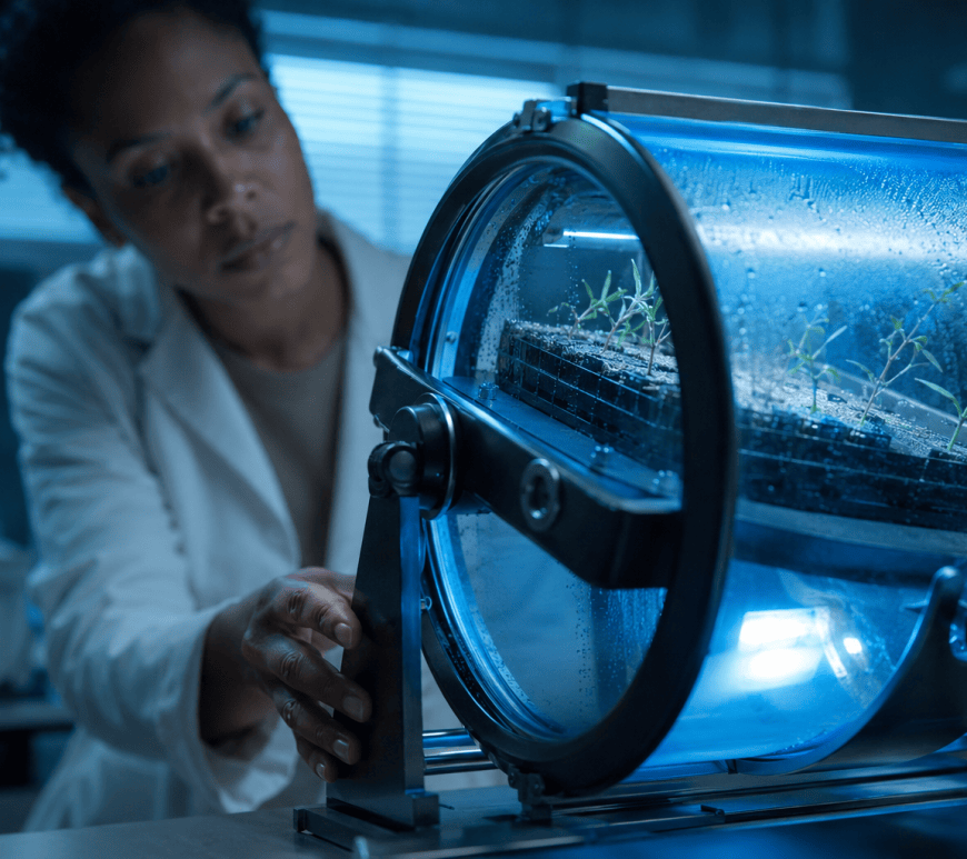 A researcher adjusts a bench-top clinostat tumbling a tray of seedlings inside a glass chamber, simulating microgravity for space agriculture research under cool blue lab light.