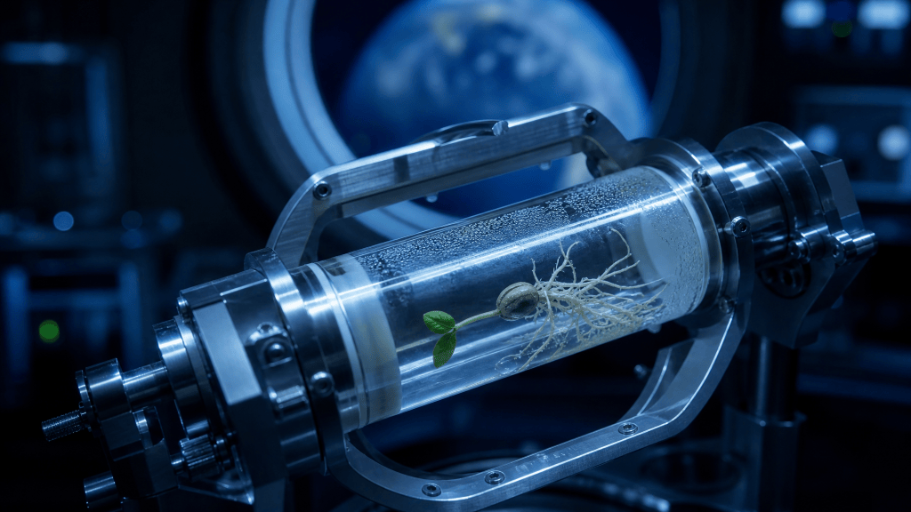A laboratory clinostat slowly rotating a young seedling in a clear glass vial, with a blurred view of Earth in the background.
