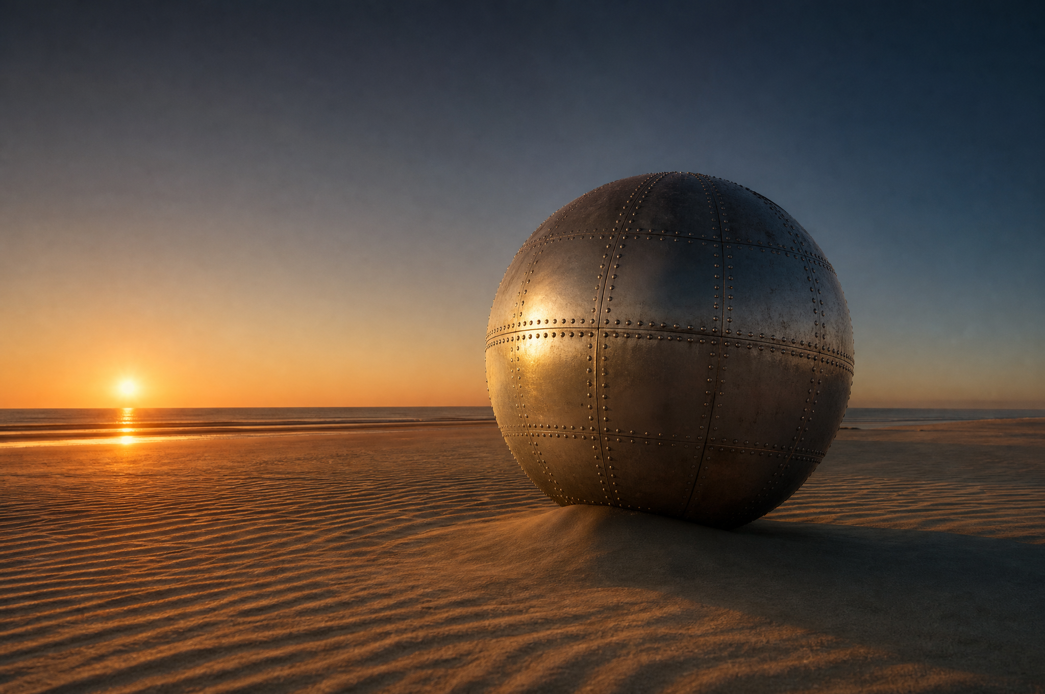 A riveted metal sphere resting on rippled sand at sunrise, warm low light casting a long shadow across an empty beach.