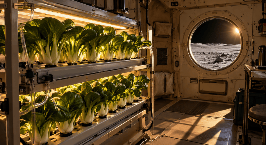 Rows of bok choy growing in soil-free hydroponic trays inside a lunar habitat module, with a porthole looking out on gray lunar terrain under a black sky.