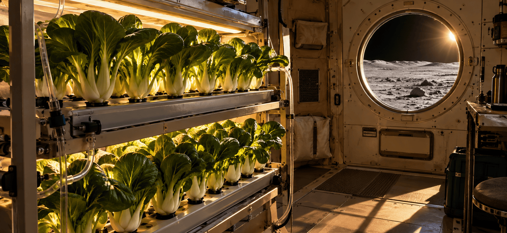 Rows of bok choy growing in soil-free hydroponic trays inside a lunar habitat module, with a porthole looking out on gray lunar terrain under a black sky.