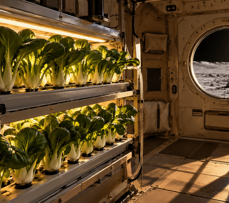 Rows of bok choy growing in soil-free hydroponic trays inside a lunar habitat module, with a porthole looking out on gray lunar terrain under a black sky.