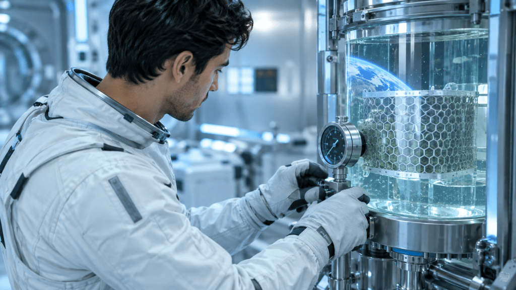 A technician in a white flight suit turns a valve on a transparent nutrient reservoir fitted with a hexagonal mesh filter, lit in cool cyan light.