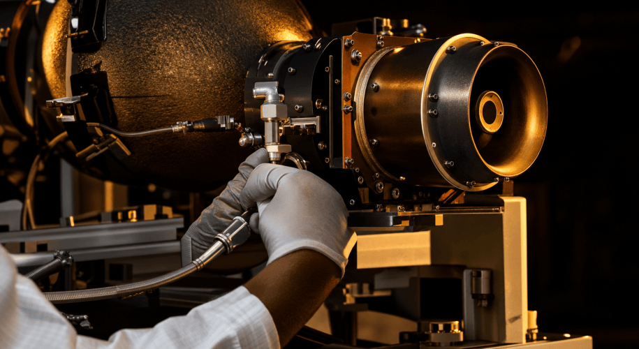 A technician's gloved hand steadies a xenon feed line on a satellite Hall-effect thruster mounted on an assembly stand, under raking golden light.