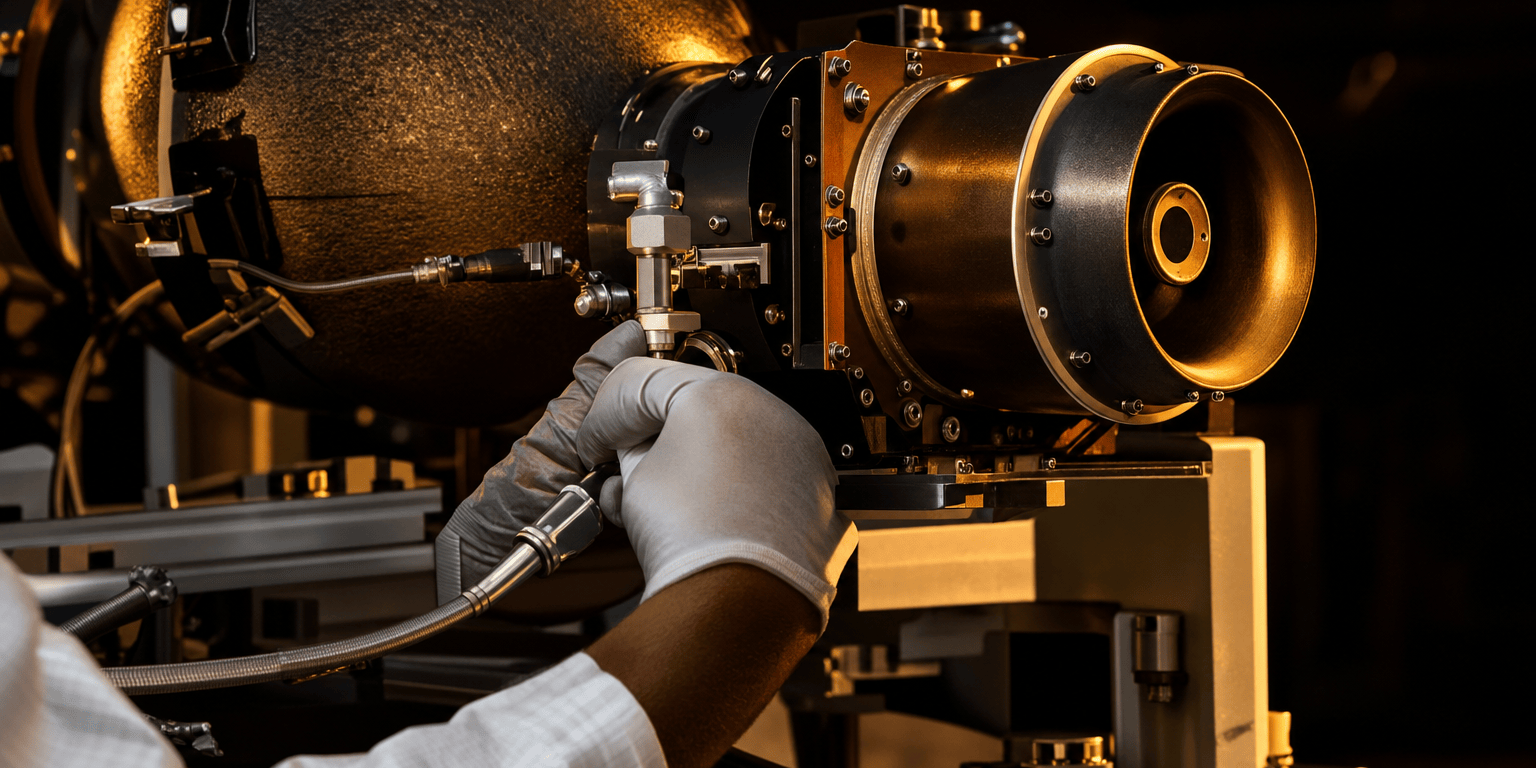 A technician's gloved hand steadies a xenon feed line on a satellite Hall-effect thruster mounted on an assembly stand, under raking golden light.