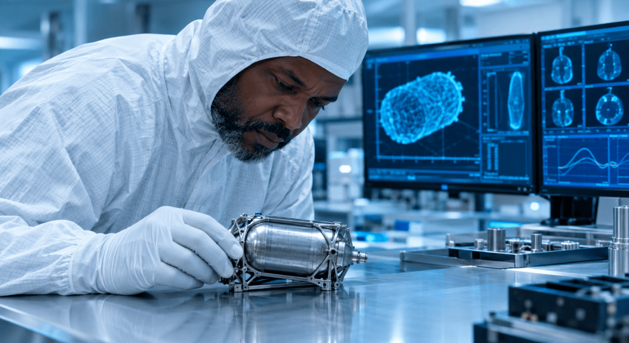 A technician in a white cleanroom suit leans over a bench to inspect a small 3D-printed metal propellant tank, with monitors showing blue scan images behind him.