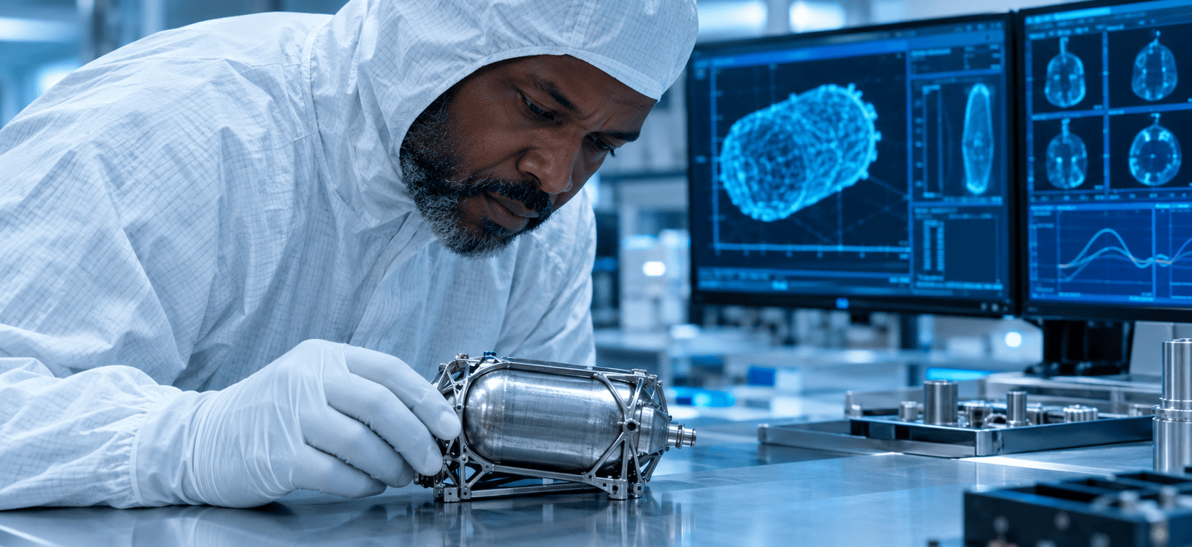 A technician in a white cleanroom suit leans over a bench to inspect a small 3D-printed metal propellant tank, with monitors showing blue scan images behind him.