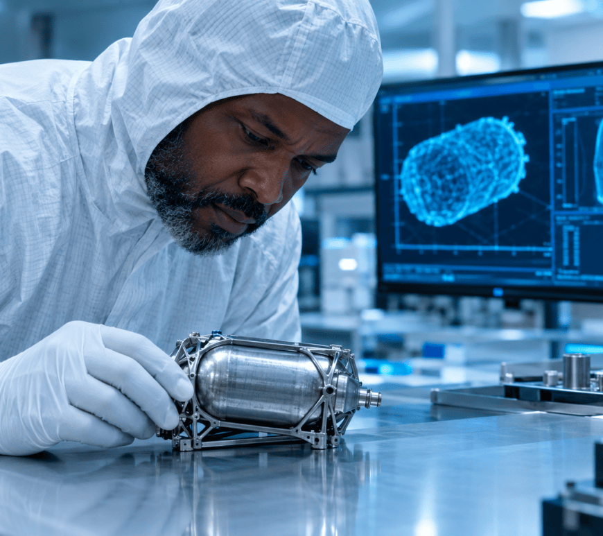 A technician in a white cleanroom suit leans over a bench to inspect a small 3D-printed metal propellant tank, with monitors showing blue scan images behind him.