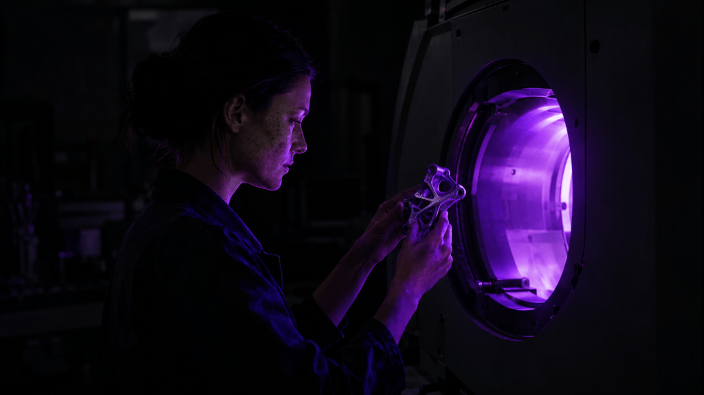 In a dark laboratory, a woman holds a small 3D-printed metal lattice part up to the violet glow of a CT scanner opening.