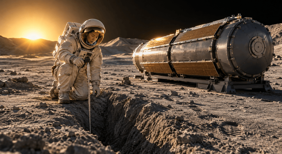 An astronaut in a beige pressure suit kneels at the edge of a trench in grey lunar soil at sunset, measuring its depth with a rod, beside a cylindrical reactor module resting on a cradle.