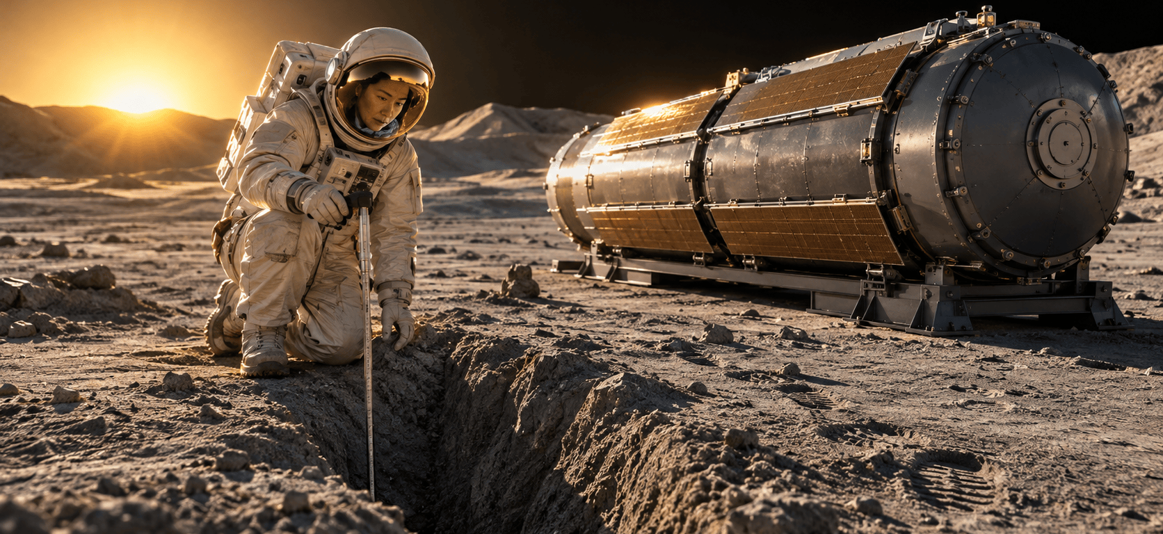 An astronaut in a beige pressure suit kneels at the edge of a trench in grey lunar soil at sunset, measuring its depth with a rod, beside a cylindrical reactor module resting on a cradle.