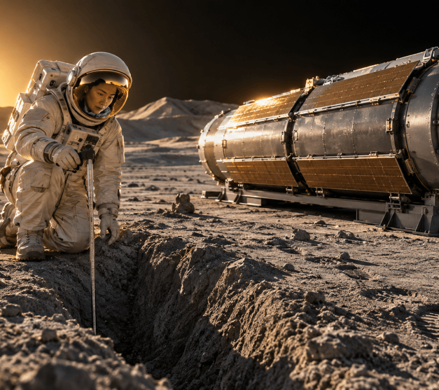 An astronaut in a beige pressure suit kneels at the edge of a trench in grey lunar soil at sunset, measuring its depth with a rod, beside a cylindrical reactor module resting on a cradle.