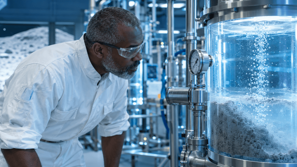 A technician in a white suit and safety goggles reads a gauge on a transparent vessel where grey dust settles in clear liquid as fine bubbles of oxygen rise.