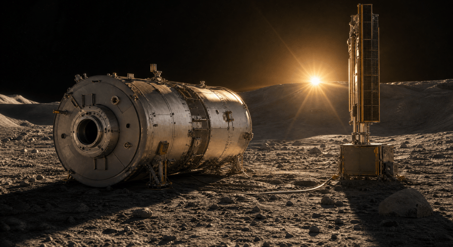 A cylindrical space station module built for orbit rests on grey lunar regolith beside a tall solar power mast, backlit by a low golden sun above a ridge.
