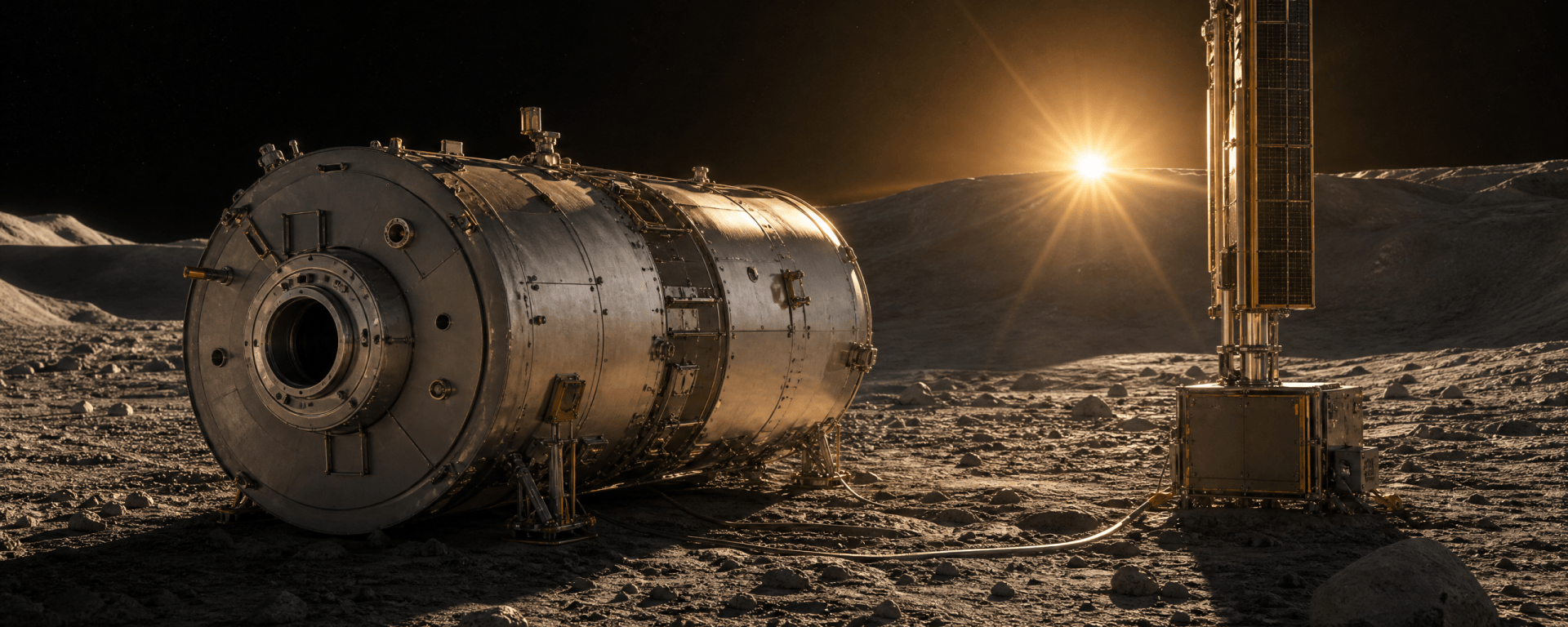 A cylindrical space station module built for orbit rests on grey lunar regolith beside a tall solar power mast, backlit by a low golden sun above a ridge.