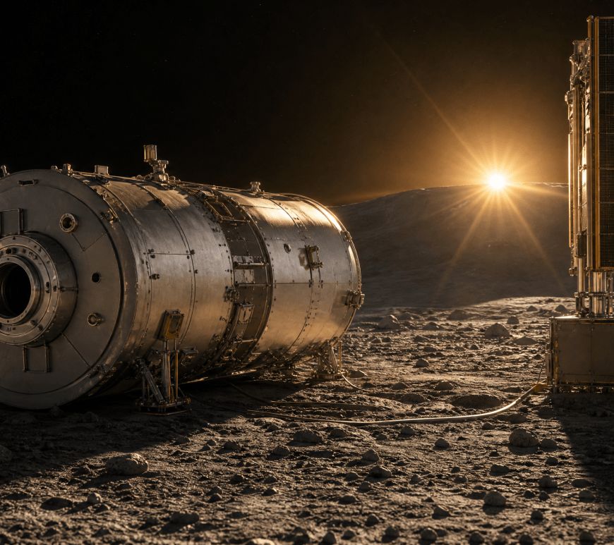 A cylindrical space station module built for orbit rests on grey lunar regolith beside a tall solar power mast, backlit by a low golden sun above a ridge.
