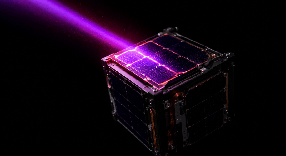 A small CubeSat floating in black space, its top solar panel lit by a narrow violet-magenta beam of light that makes the cells glow.