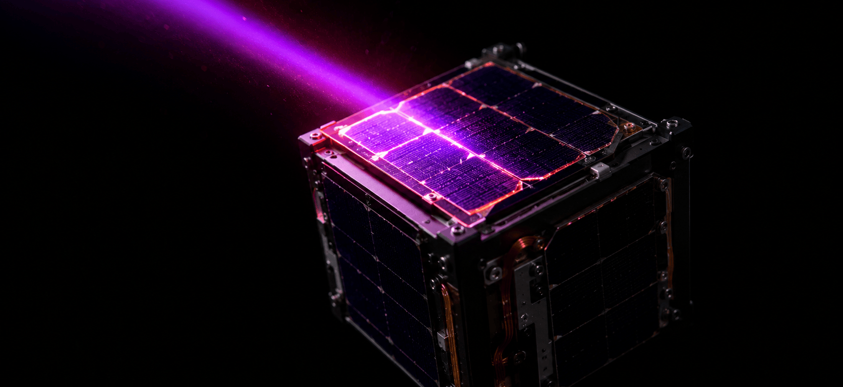 A small CubeSat floating in black space, its top solar panel lit by a narrow violet-magenta beam of light that makes the cells glow.